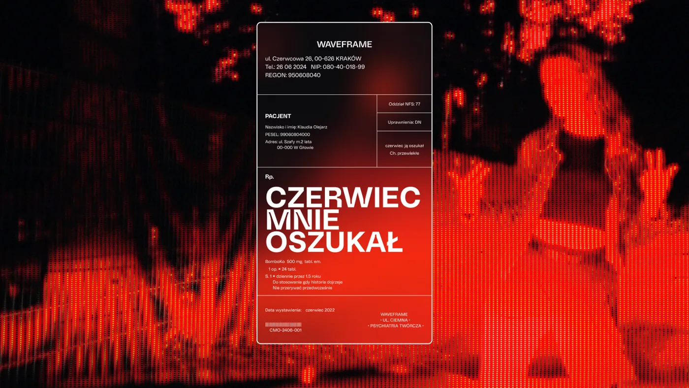 Kadr z teledysku: karta akt z tytułem CZERWIEC MNIE OSZUKAŁ na czerwonym tle